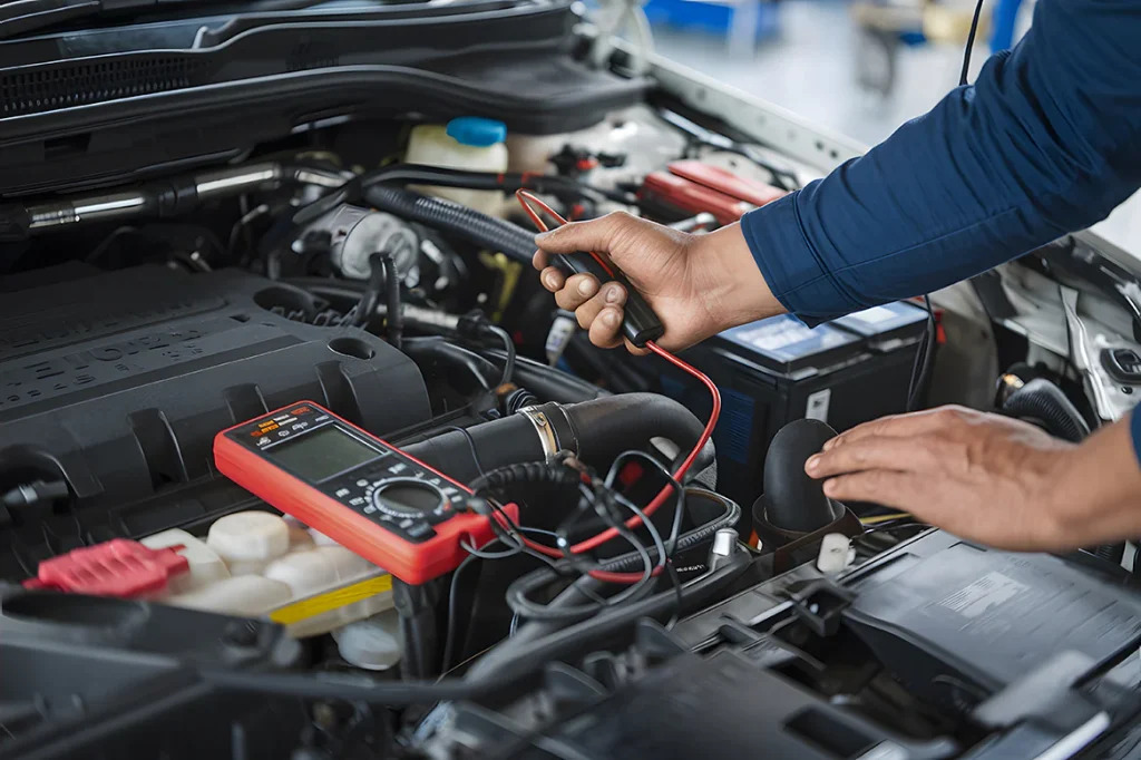 Electrical auto diagnostic service in Bonita Springs, FL showing technician testing engine compartment sensors